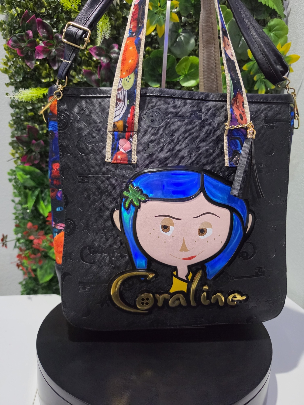 Black Tote with Blue Accent and Colorful Straps